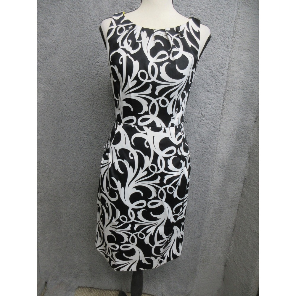 London Times Sheath Dress Women 2 Black White Scroll Satin Knee Tailored Work